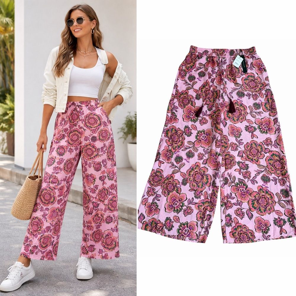 NWT Tahari Drawstring Waist Wide Leg Pants In Princess Floral Size Medium